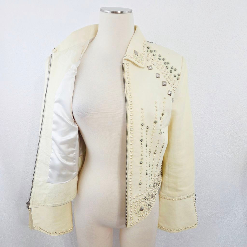 Double D Ranch studded ivory leather biker jacket distressed western size medium - Picture 4 of 13